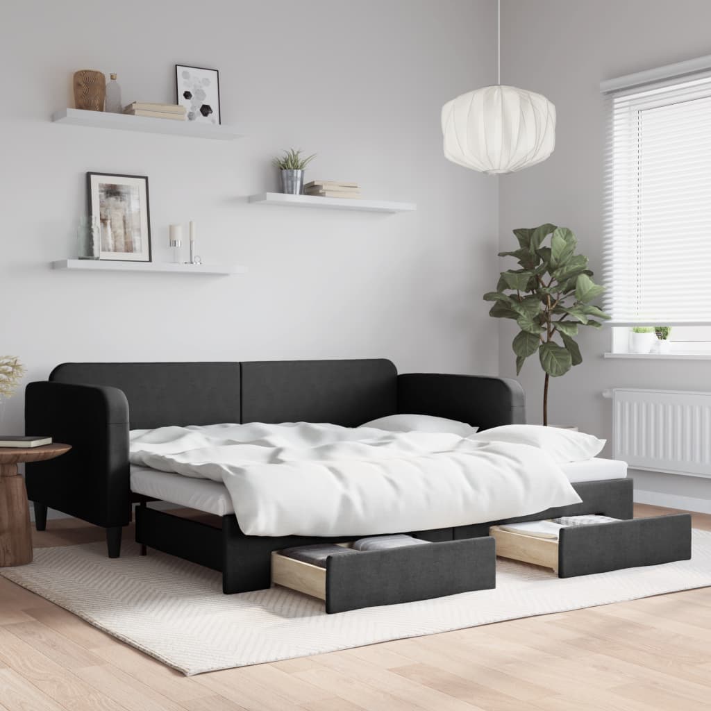 daybed med udtræk og skuffer 90x190 cm stof sort billede