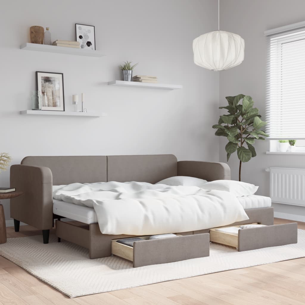 daybed med udtræk og skuffer 80x200 cm stof gråbrun