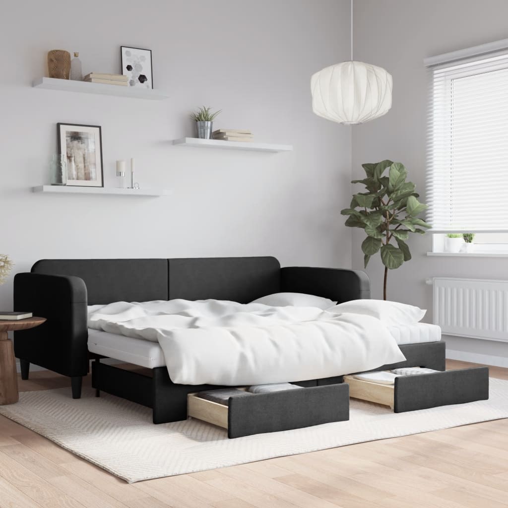 daybed med udtræk og skuffer 90x190 cm stof sort billede