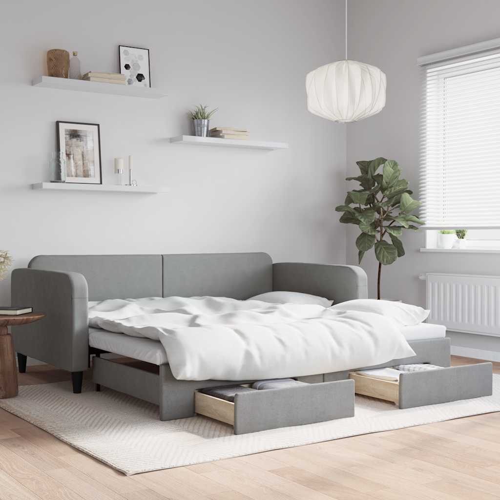 Daybed med udtræk og skuffer 100×190 cm - stof, lysegrå