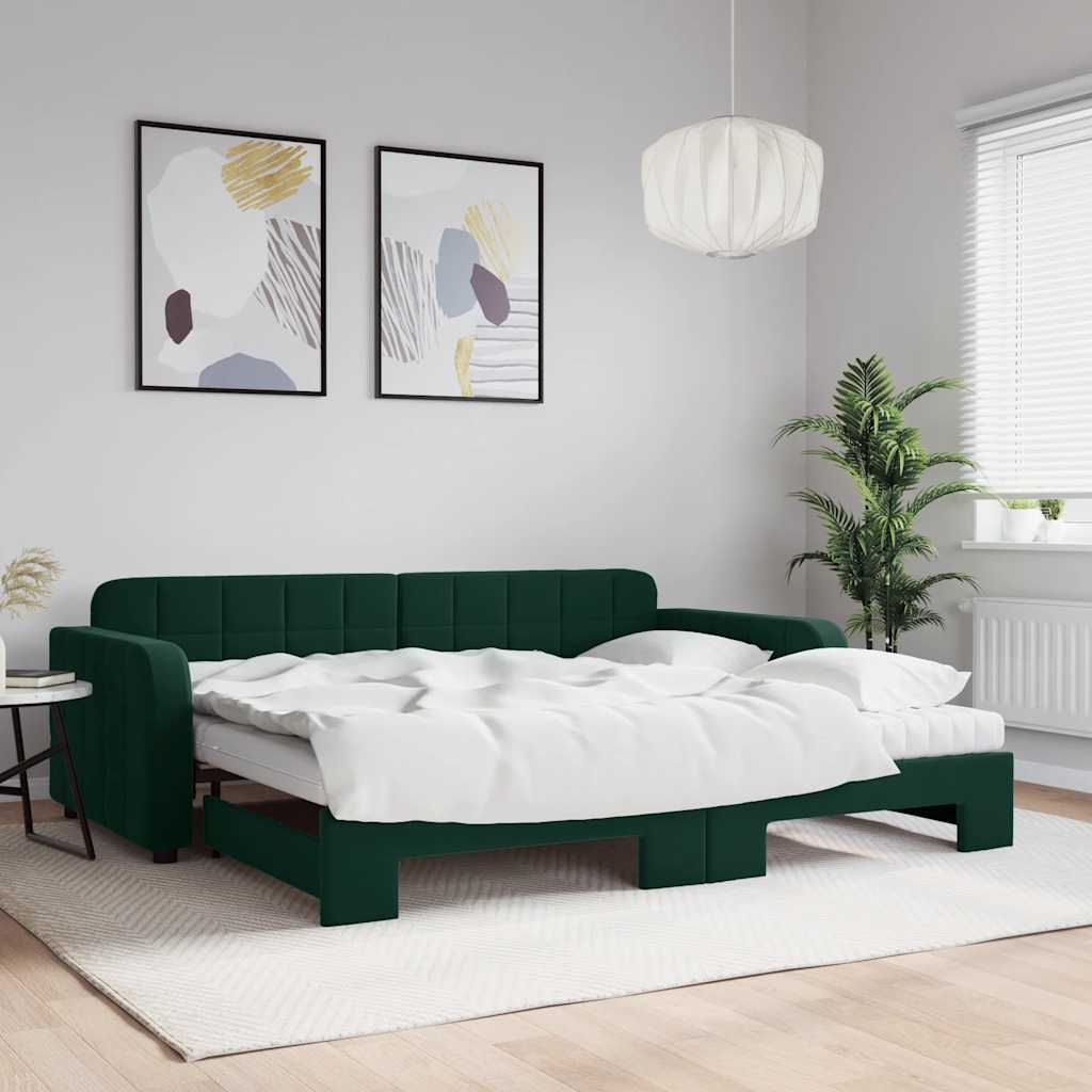 daybed med udtræk og madras 90x200 cm velour mørkegrøn