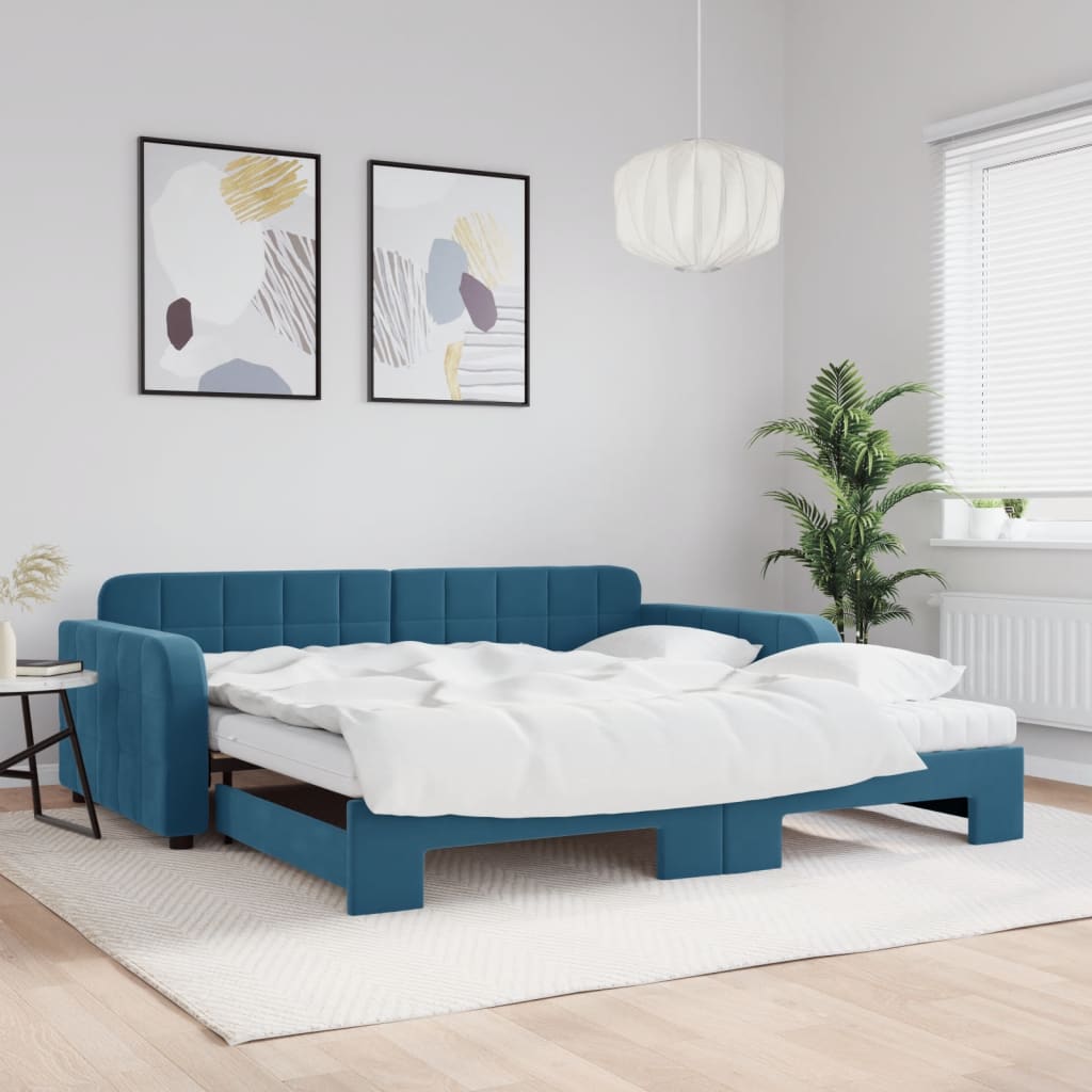 daybed med udtræk og madras 100x200 cm velour blå
