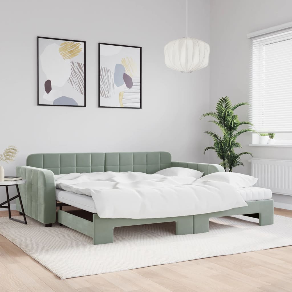 daybed med udtræk og madras 100x200 cm velour lysegrå
