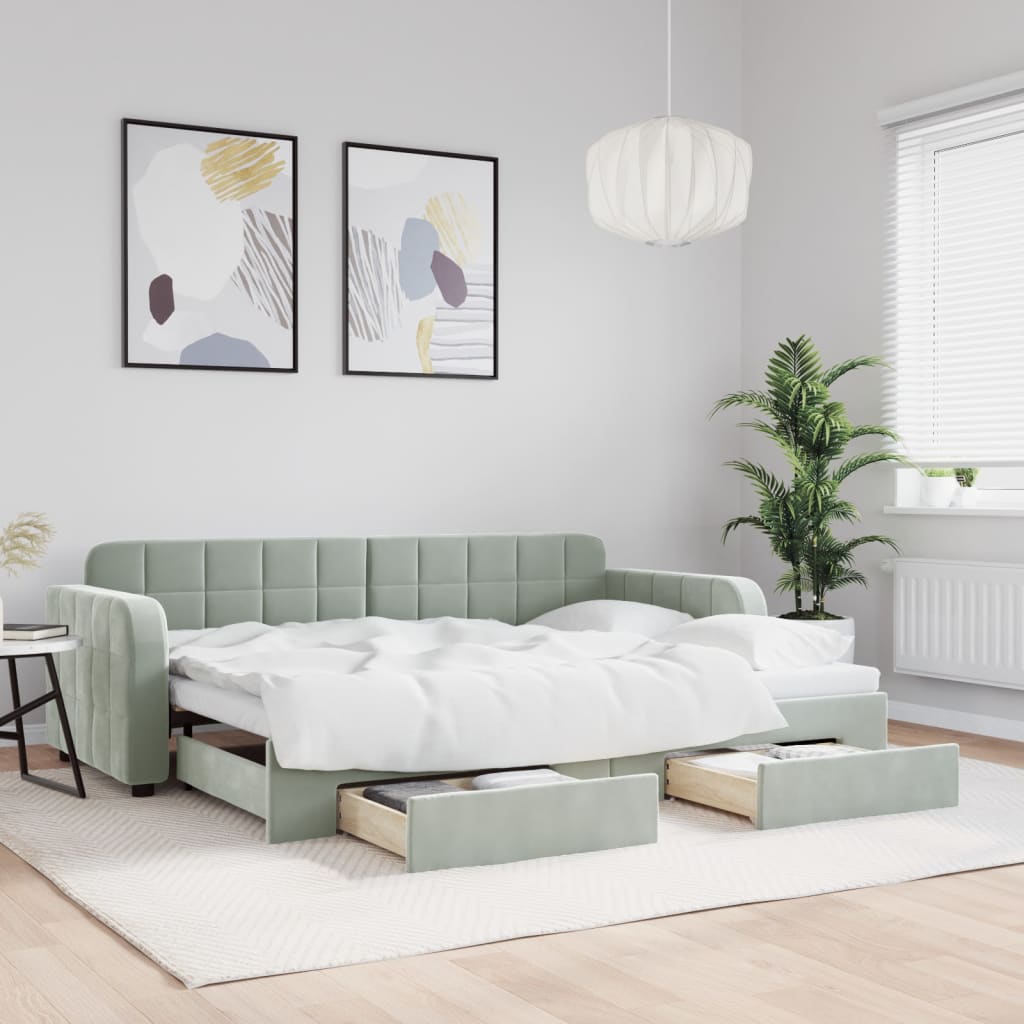 daybed med udtræk og skuffer 80x200 cm velour lysegrå billede