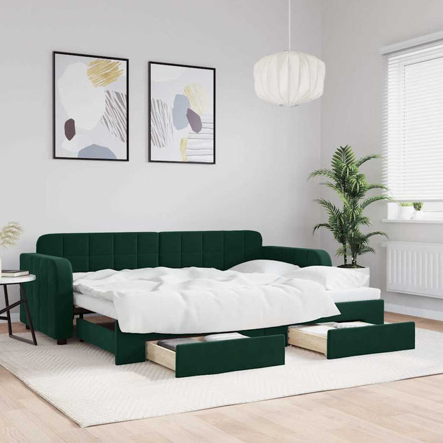daybed med udtræk og skuffer 80x200 cm velour mørkegrøn