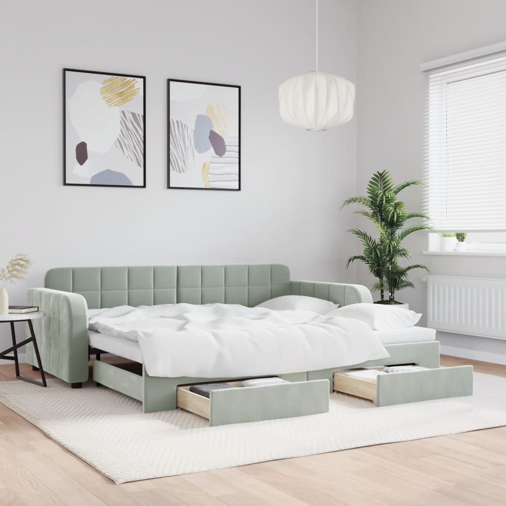 daybed med udtræk og skuffer 90x200 cm velour lysegrå