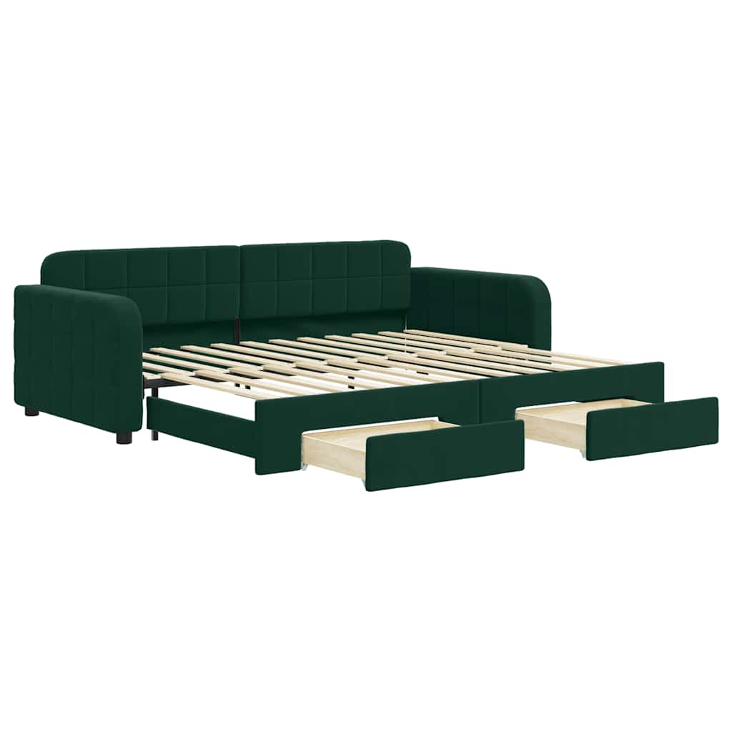 daybed med udtræk og skuffer 90x200 cm velour mørkegrøn