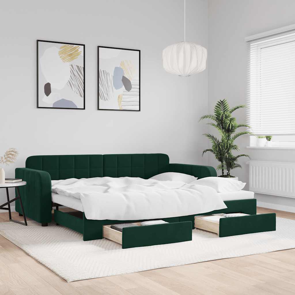 daybed med udtræk og skuffer 90x200 cm velour mørkegrøn