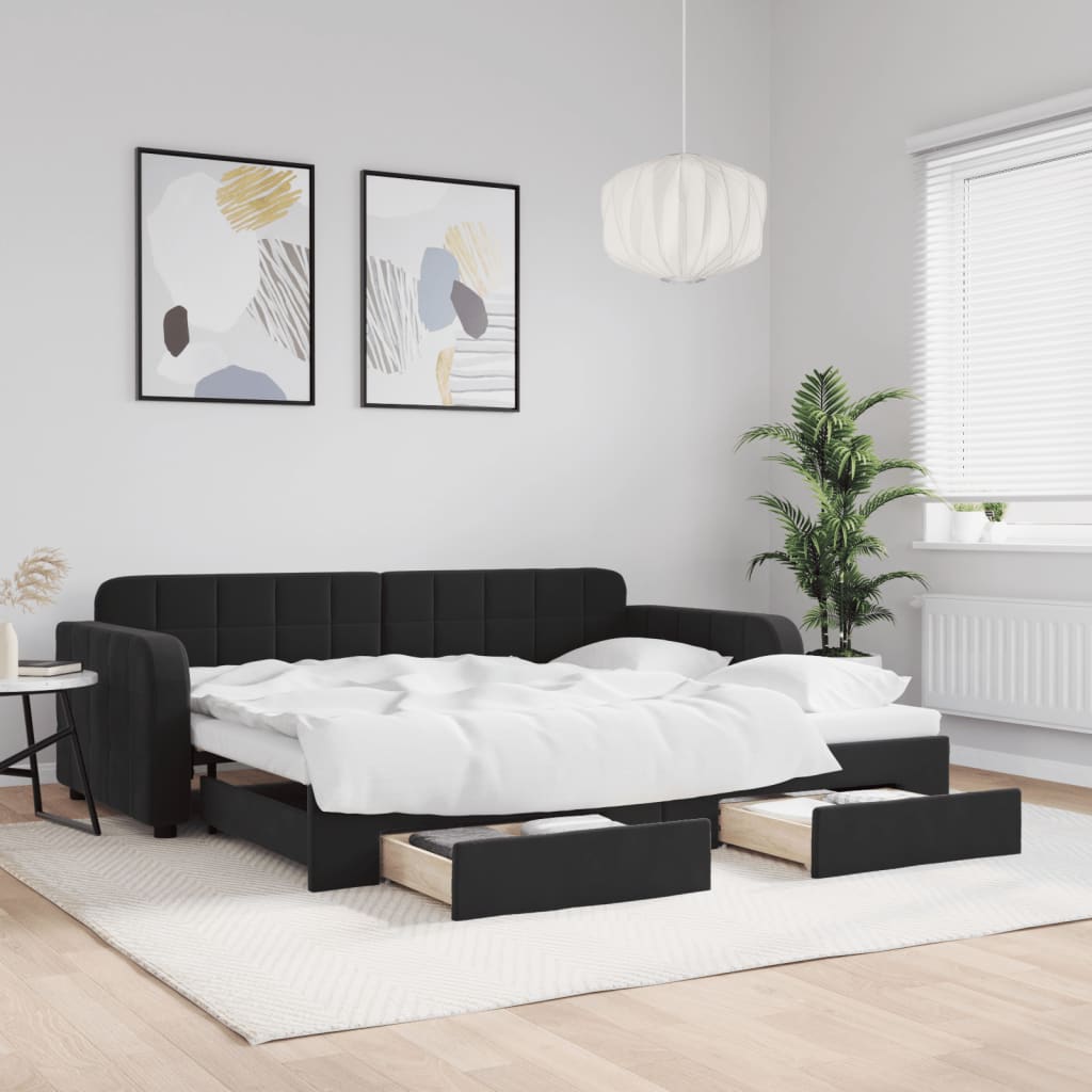 daybed med udtræk og skuffer 90x200 cm velour sort
