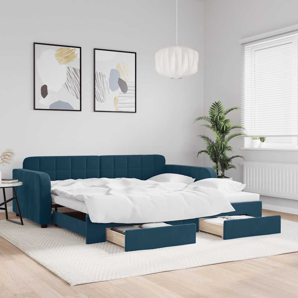 daybed med udtræk og skuffer 100x200 cm velour blå