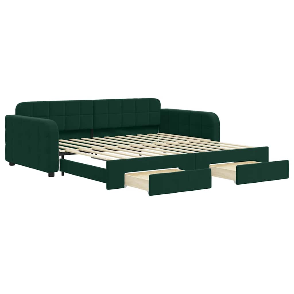 daybed med udtræk og skuffer 100x200 cm velour mørkegrøn