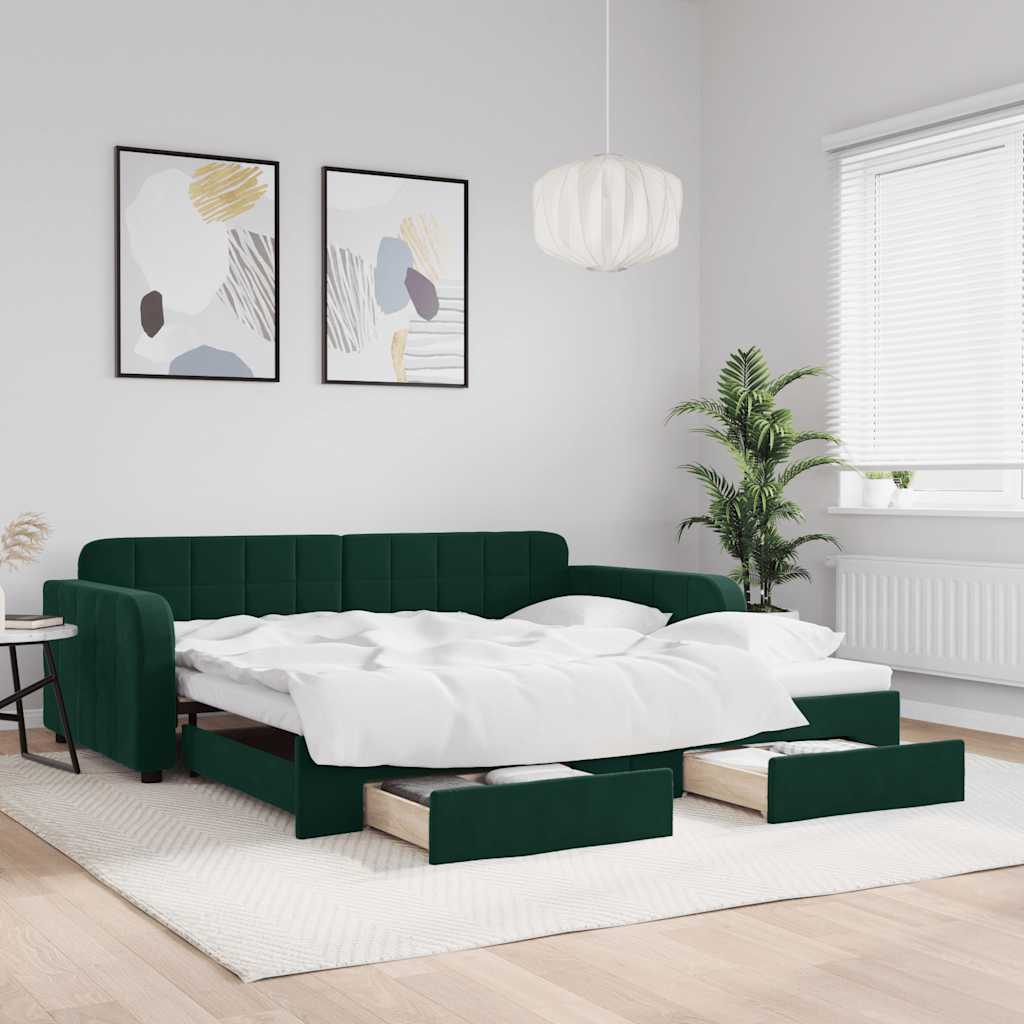 daybed med udtræk og skuffer 100x200 cm velour mørkegrøn