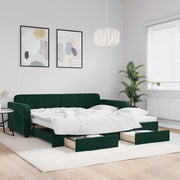 daybed med udtræk og skuffer 100x200 cm velour mørkegrøn