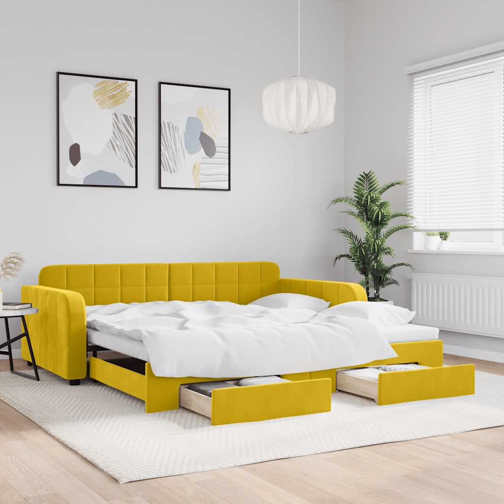 daybed med udtræk og skuffer 100x200 cm velour gul billede