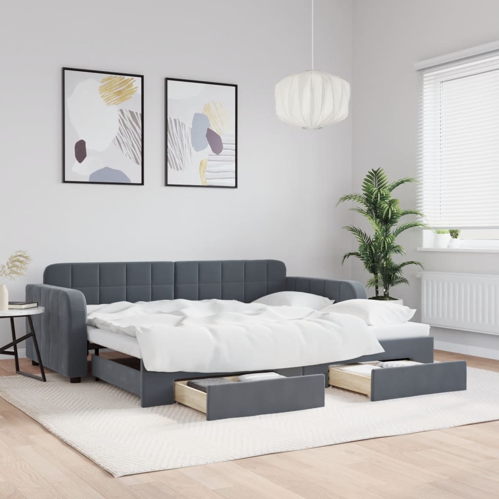 daybed med udtræk og skuffer 90x190 cm velour mørkegrå billede
