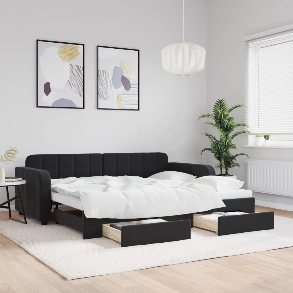 daybed med udtræk og skuffer 90x190 cm velour sort