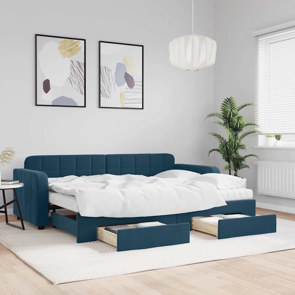 daybed med udtræk og skuffer 80x200 cm stof blå