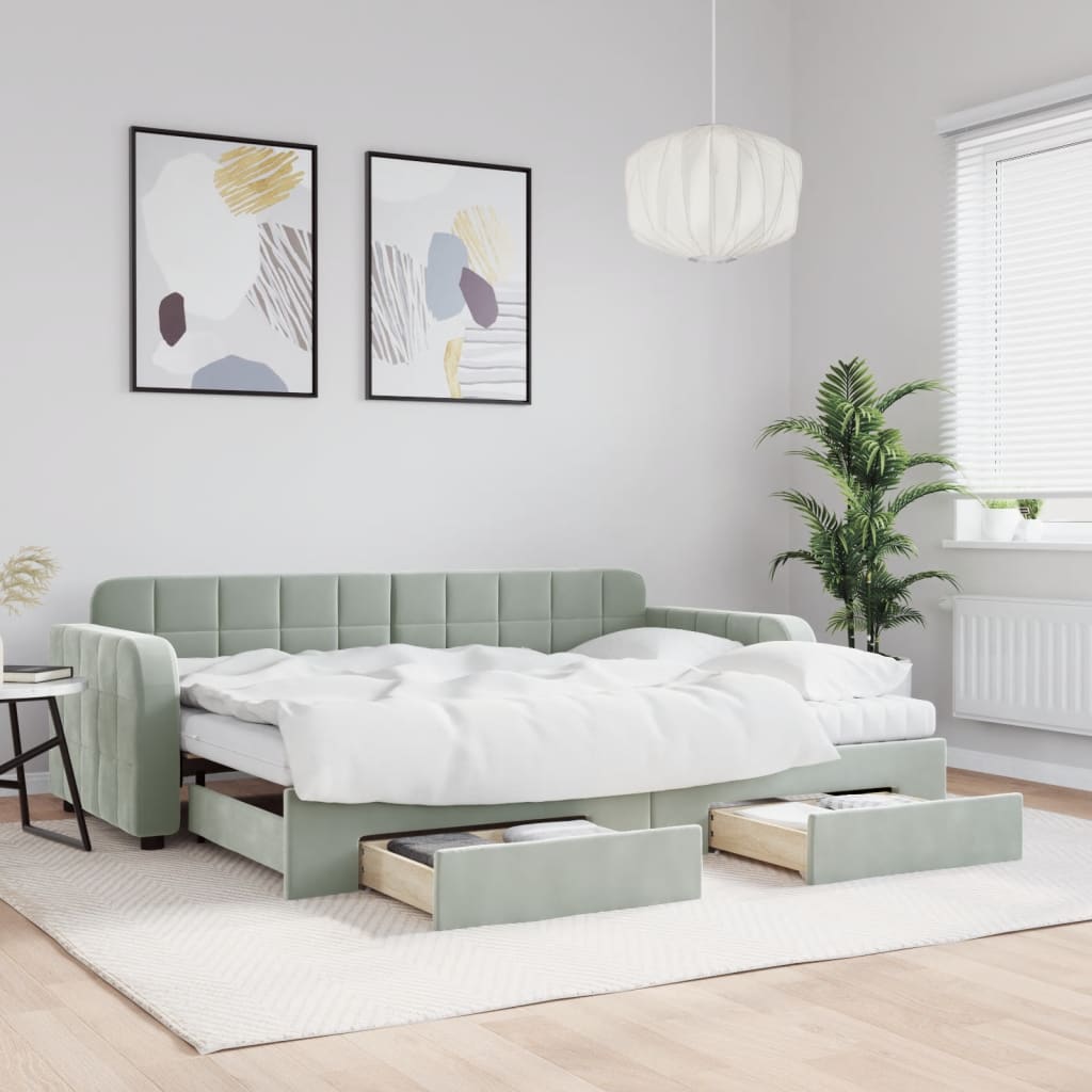 daybed med udtræk og skuffer 80x200 cm velour lysegrå billede