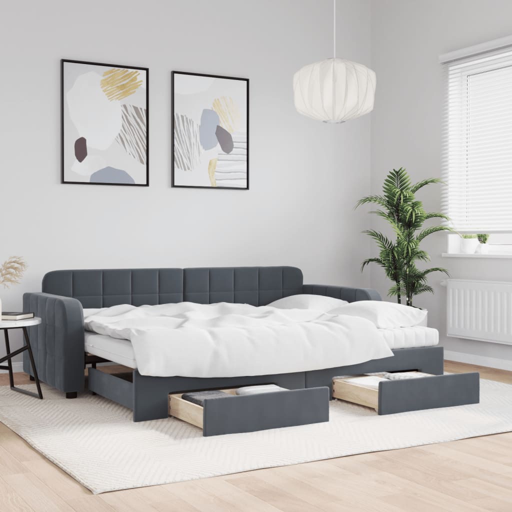 daybed med udtræk og skuffer 80x200 cm velour mørkegrå