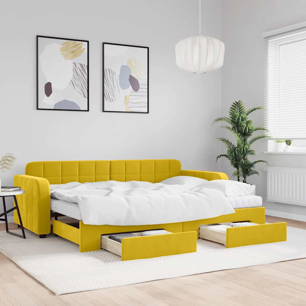 Daybed Velour Gul - med udtræk og skuffe og madras / 80 x 200 cm