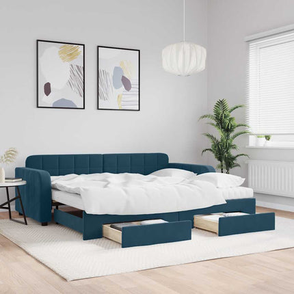 daybed med udtræk og skuffer 90x200 cm velour blå