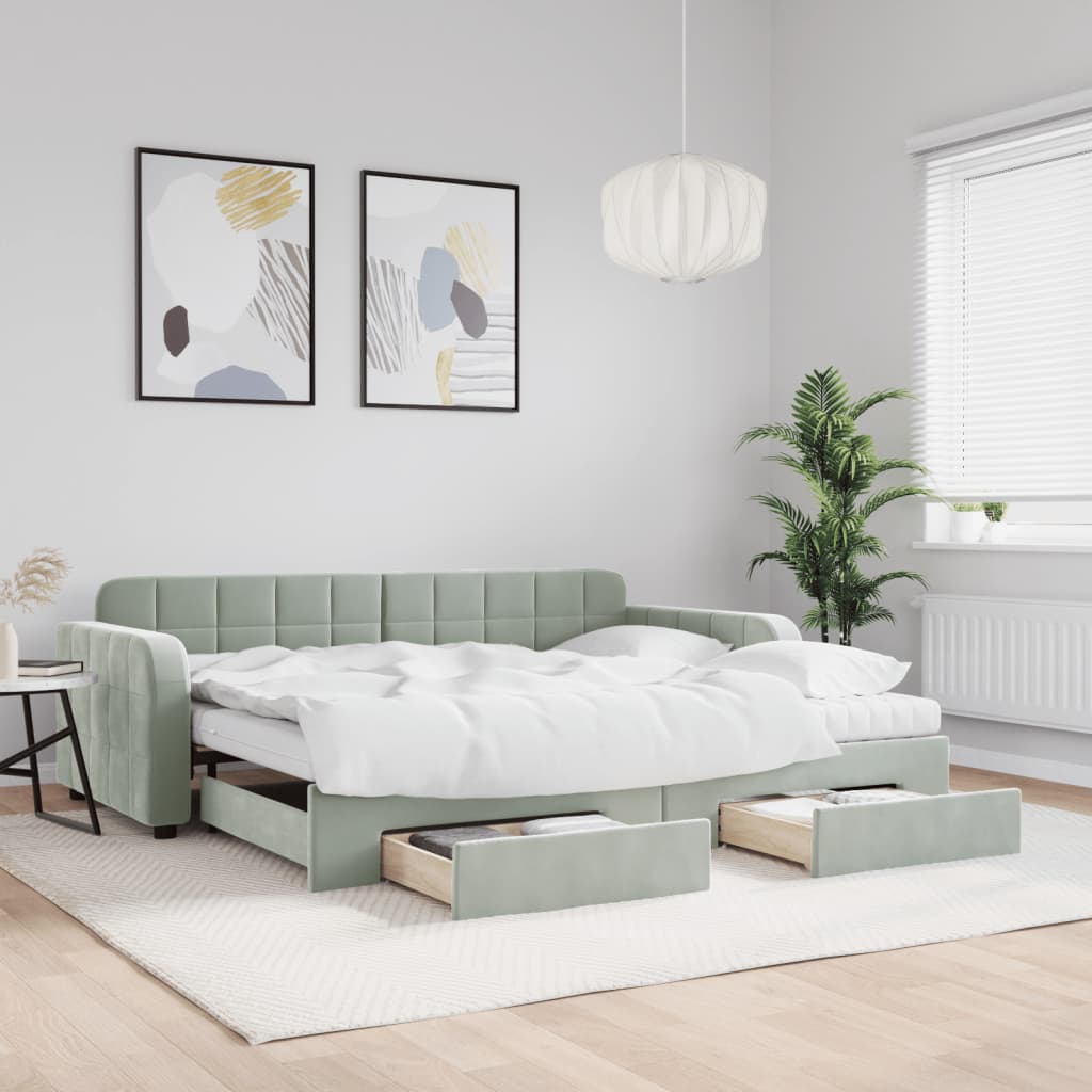 daybed med udtræk og skuffer 90x200 cm velour lysegrå