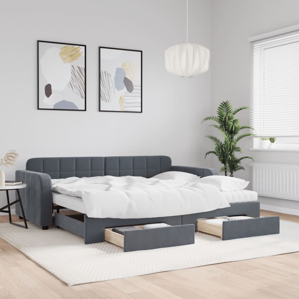 daybed med udtræk og skuffer 90x200 cm velour mørkegrå