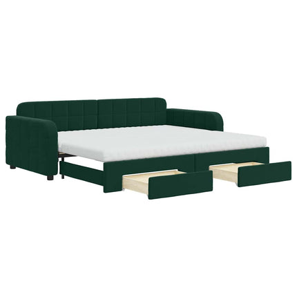 daybed med udtræk og skuffer 90x200 cm velour mørkegrøn