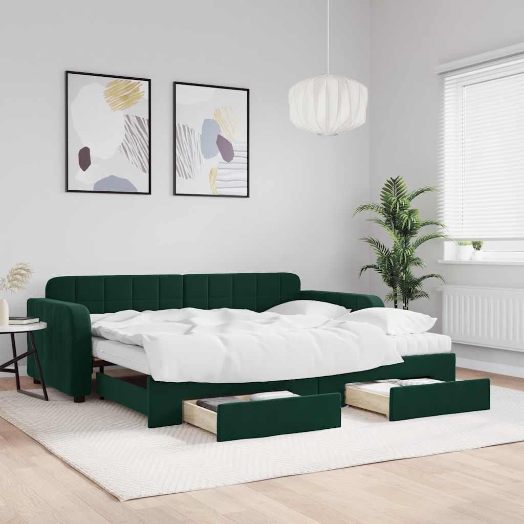 daybed med udtræk og skuffer 90x200 cm velour mørkegrøn