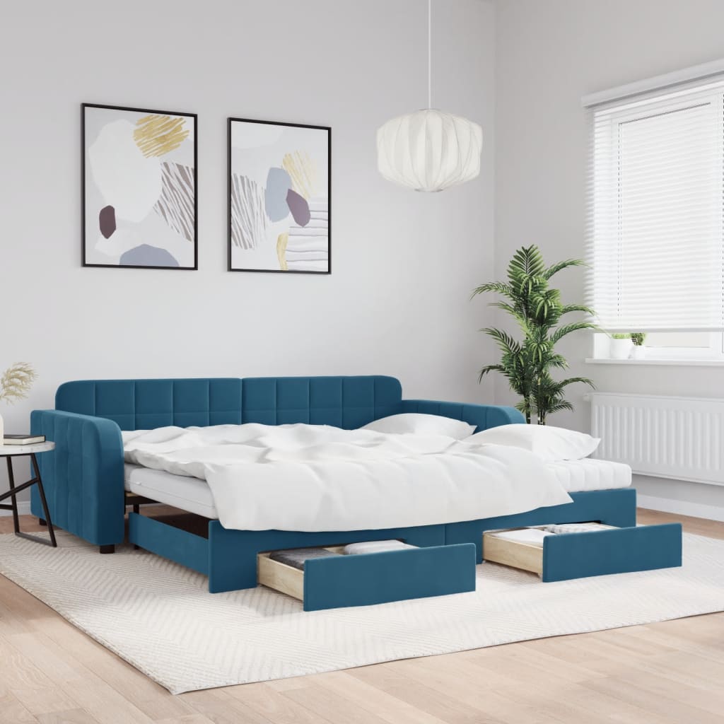 daybed med udtræk og skuffer 100x200 cm velour blå