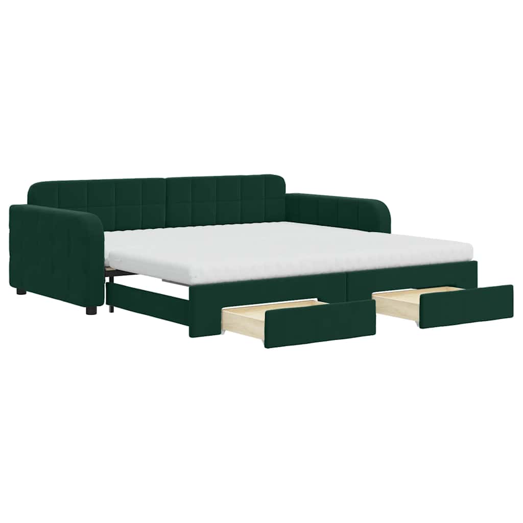 daybed med udtræk og skuffer 100x200 cm velour mørkegrøn