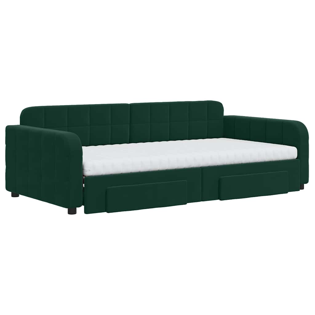 daybed med udtræk og skuffer 100x200 cm velour mørkegrøn