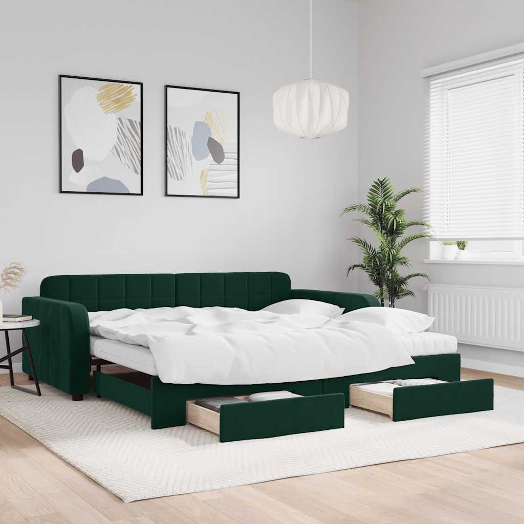 daybed med udtræk og skuffer 100x200 cm velour mørkegrøn billede