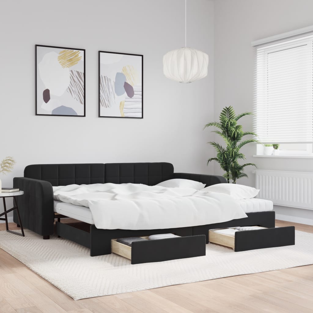 daybed med udtræk og skuffer 100x200 cm velour sort