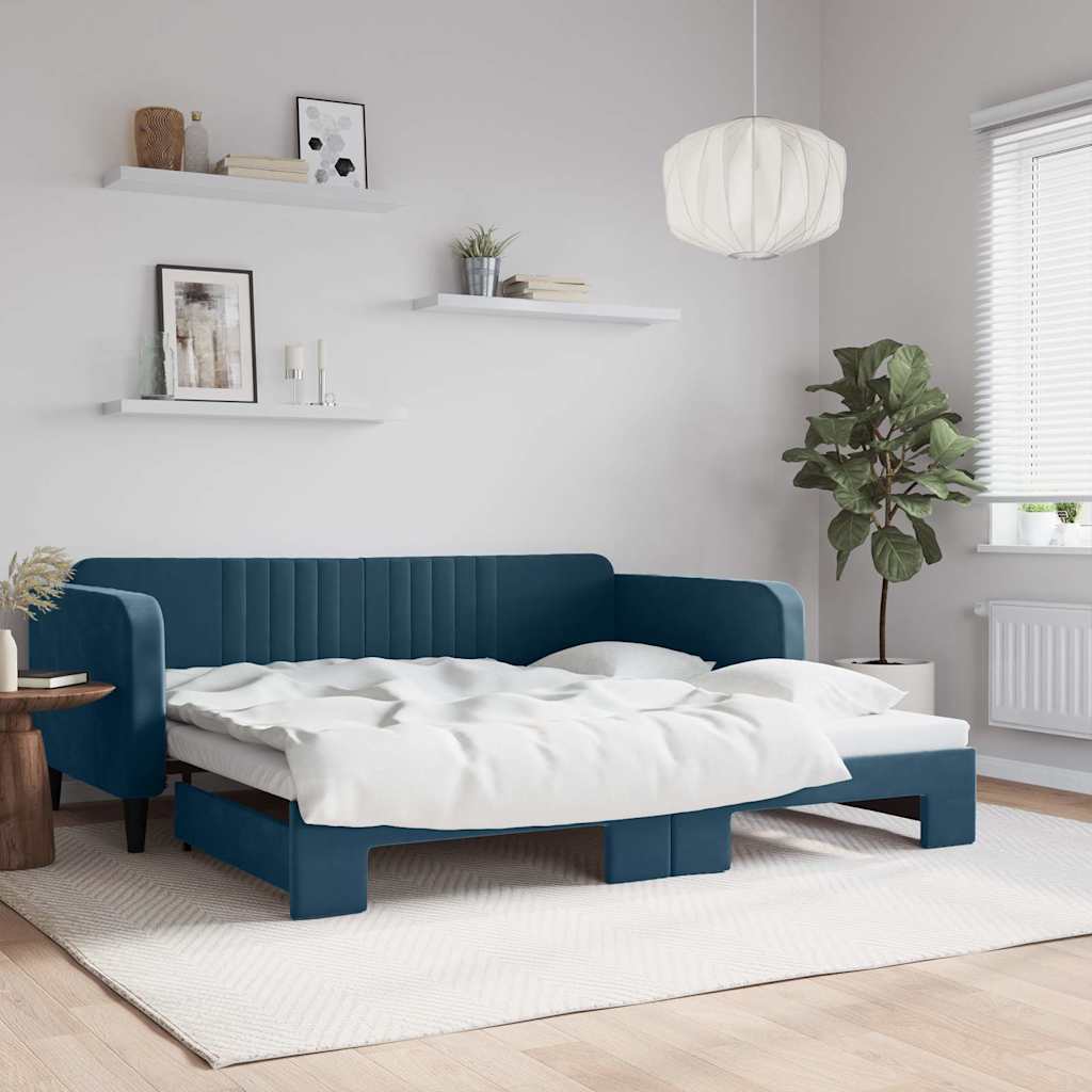 Daybed med udtræk 100×200 cm i velour - blå