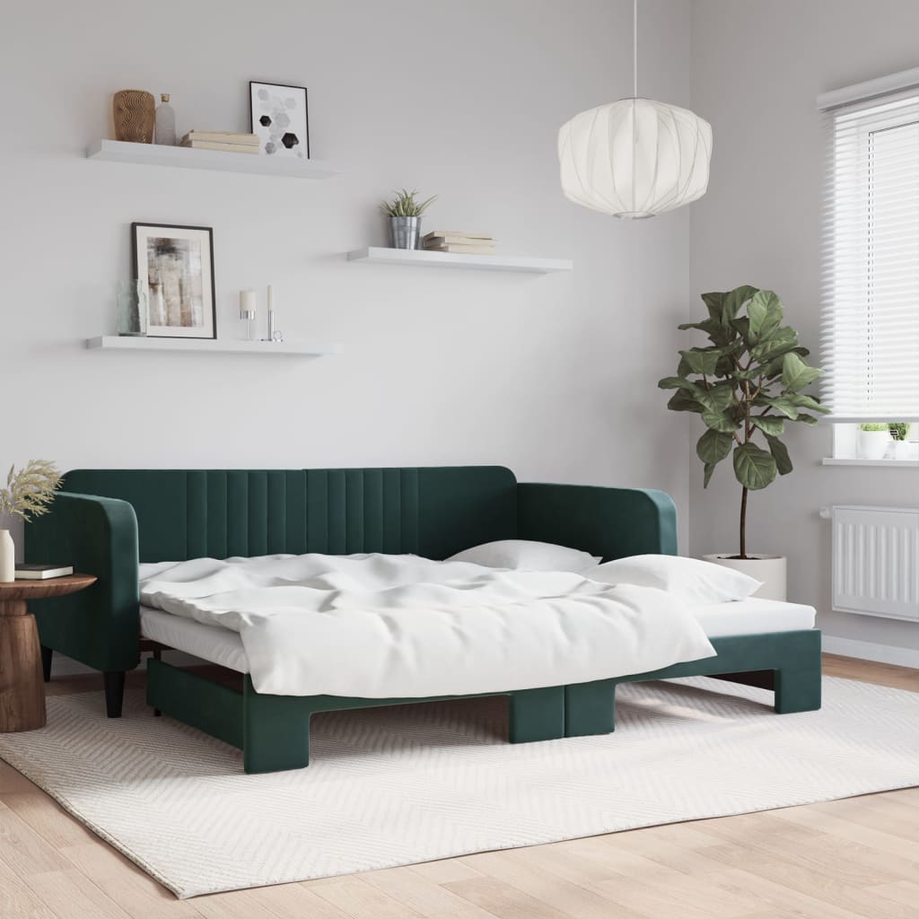 Daybed med udtræk 100×200 cm i velour - mørkegrøn