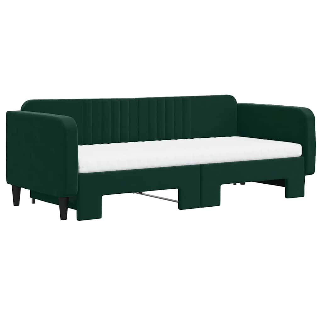 daybed med udtræk og madras 90x200 cm velour mørkegrøn