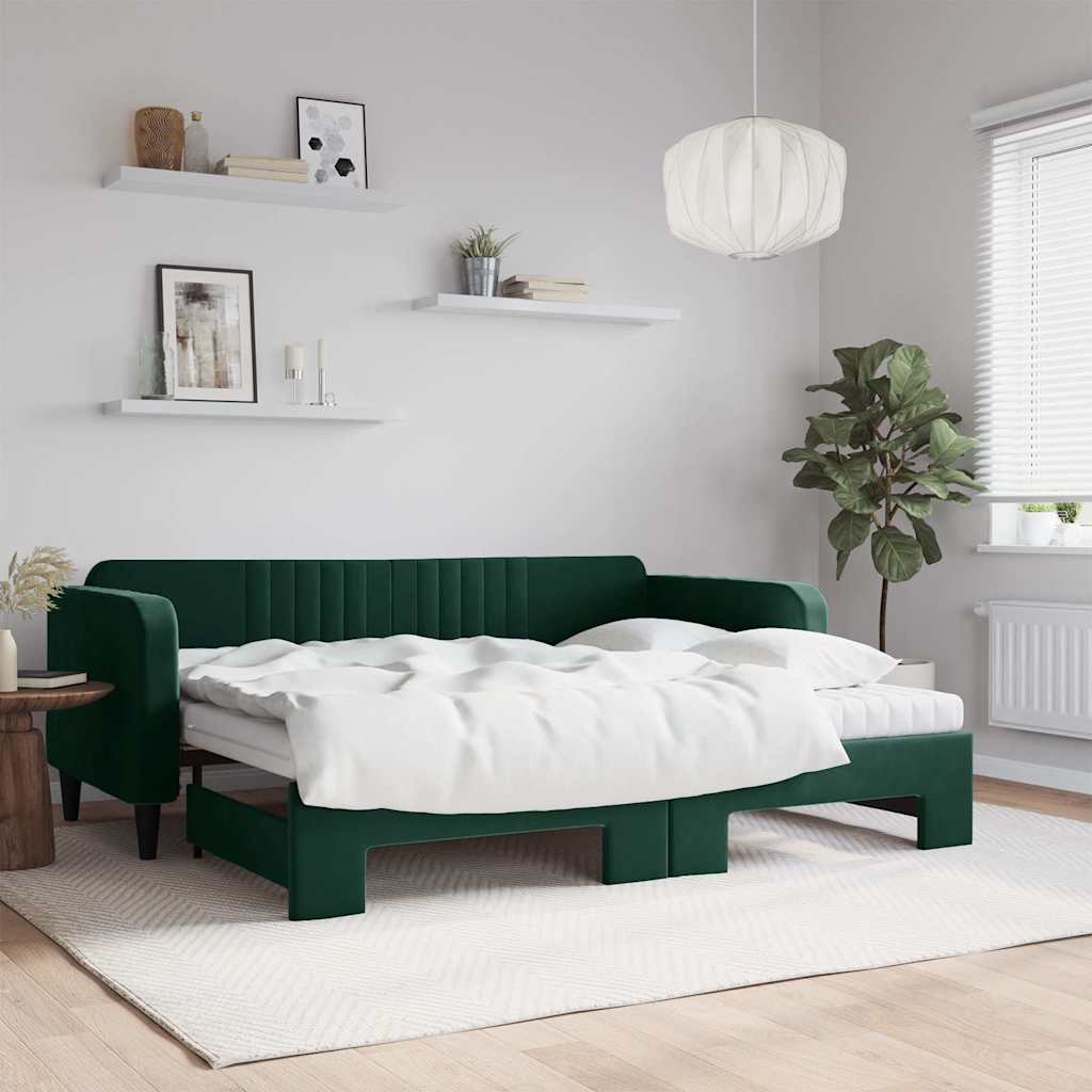 daybed med udtræk og madras 90x200 cm velour mørkegrøn