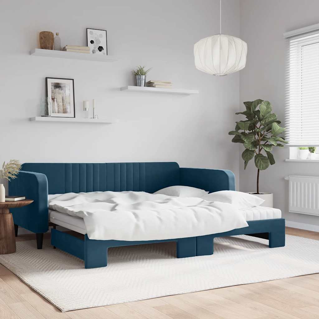 daybed med udtræk og madras 100x200 cm velour blå