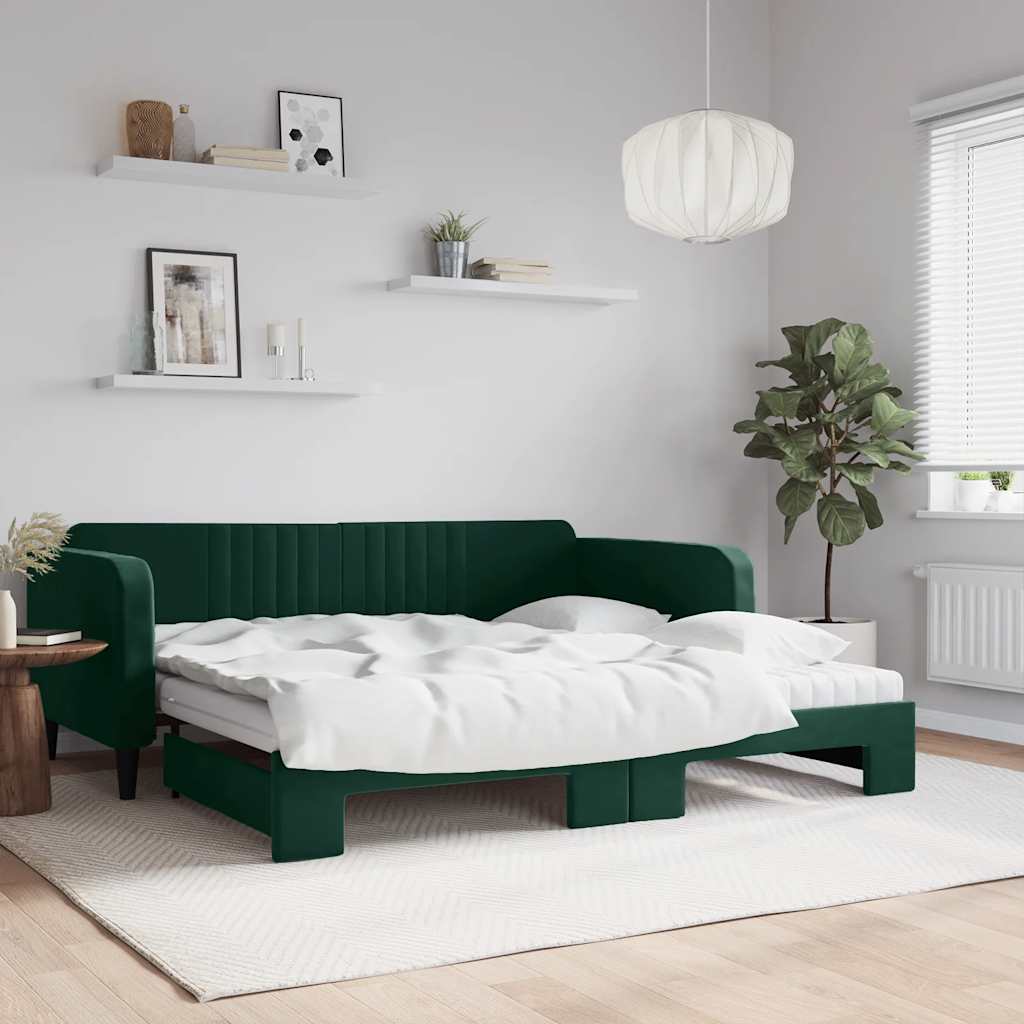 daybed med udtræk og madras 100x200 cm velour mørkegrøn billede