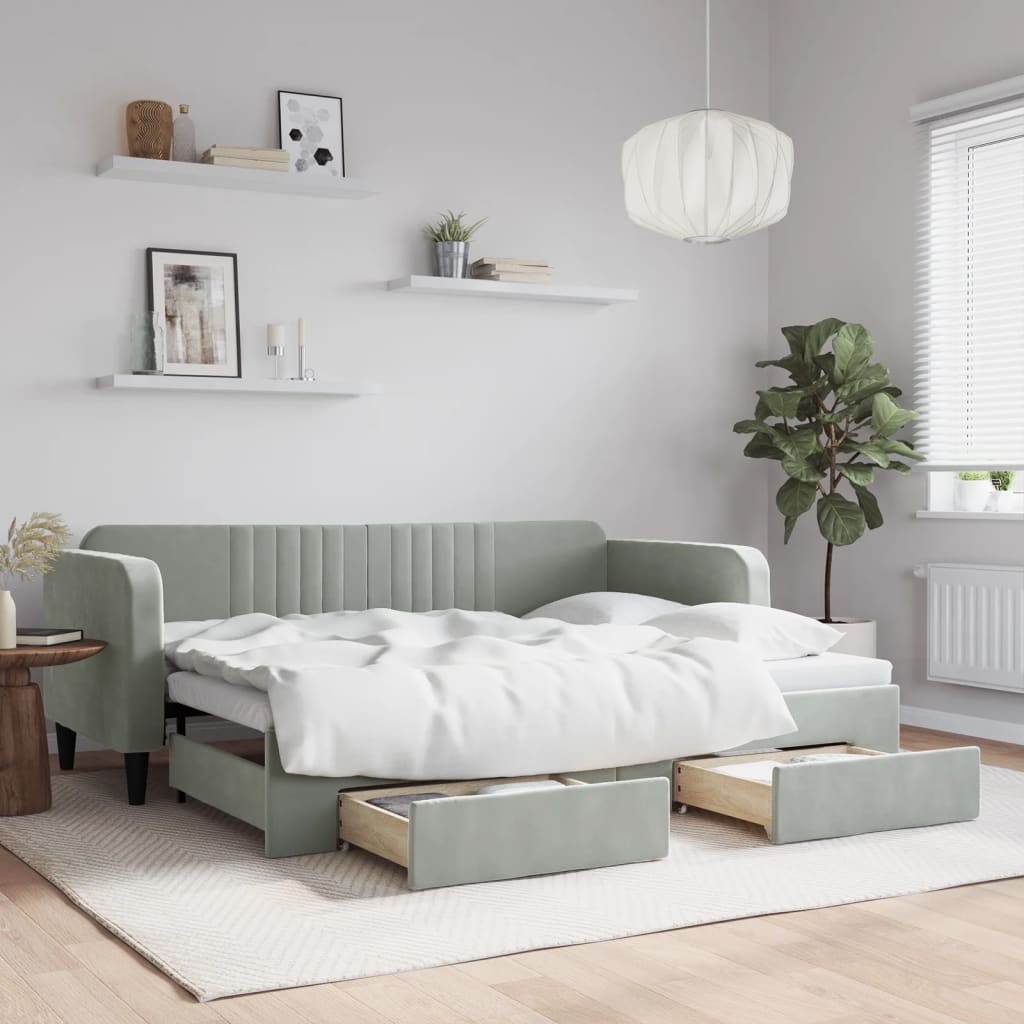daybed med udtræk og skuffer 80x200 cm velour lysegrå