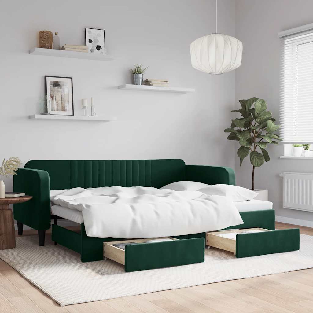 daybed med udtræk og skuffer 80x200 cm velour mørkegrøn billede