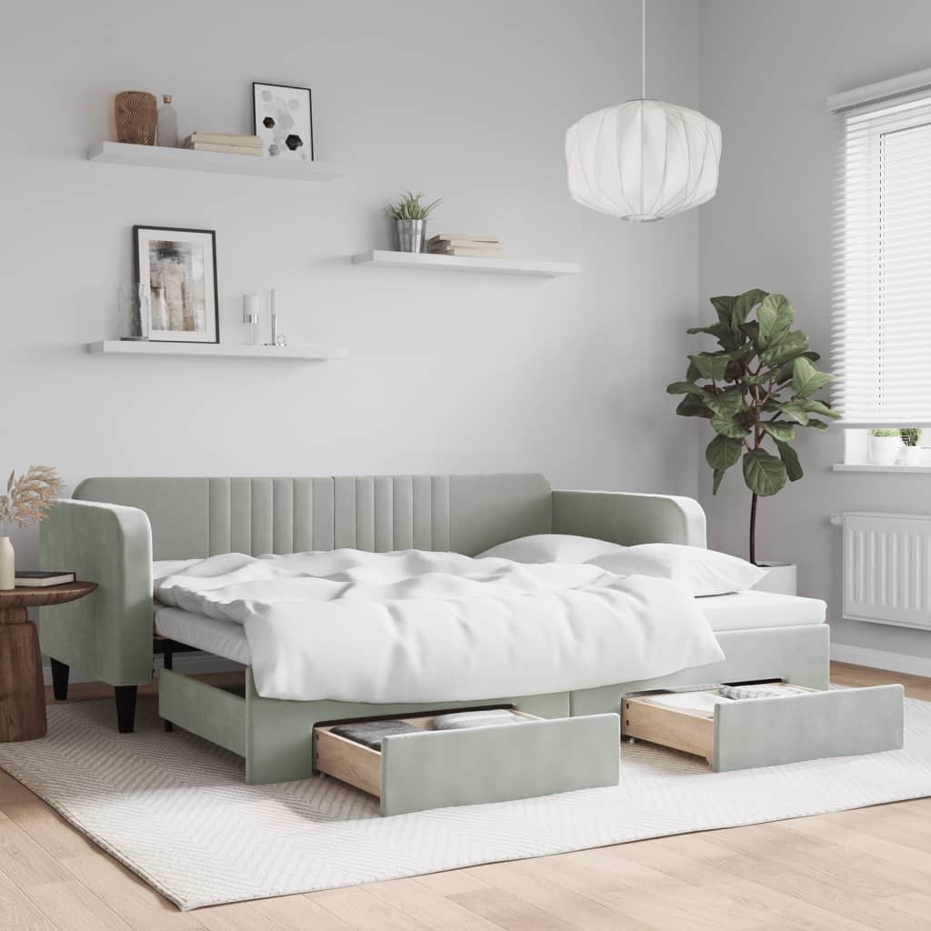 daybed med udtræk og skuffer 90x200 cm velour lysegrå billede