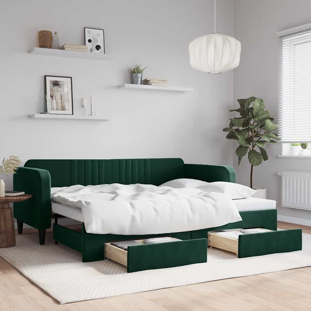 daybed med udtræk og skuffer 90x200 cm velour mørkegrøn
