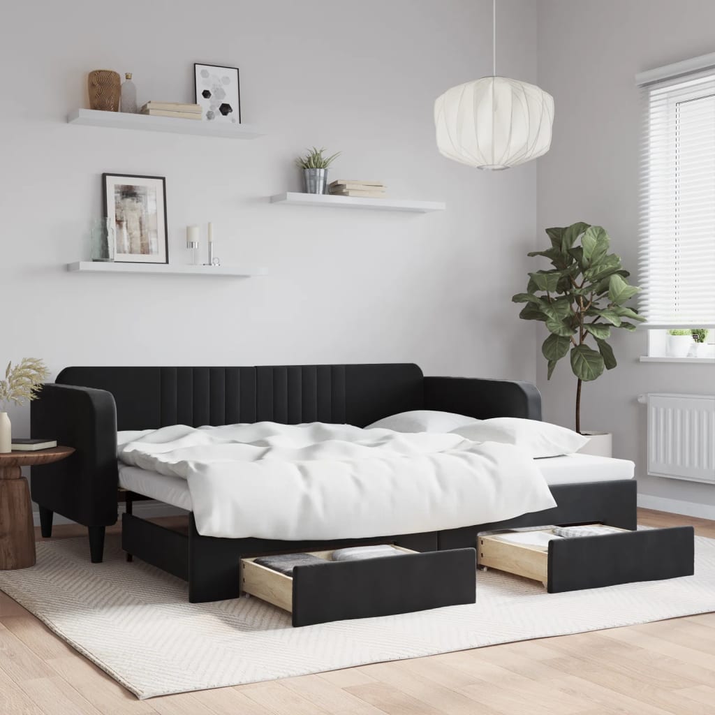 daybed med udtræk og skuffer 90x200 cm velour sort