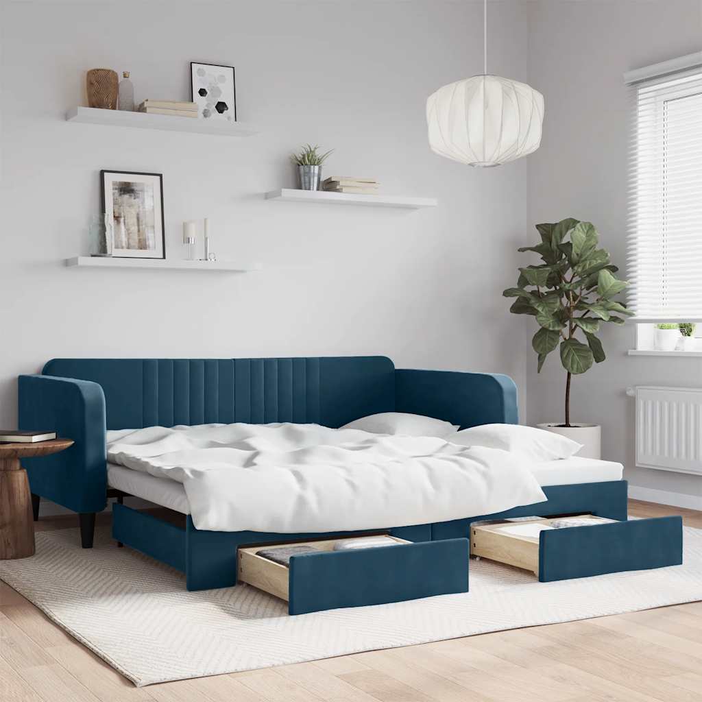daybed med udtræk og skuffer 100x200 cm velour blå