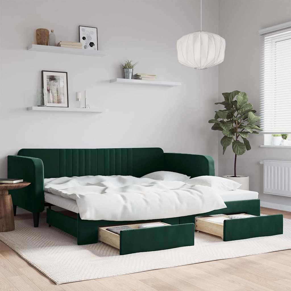 Daybed Velour Mørkegrøn - med udtræk og skuffe / 100 x 200 cm