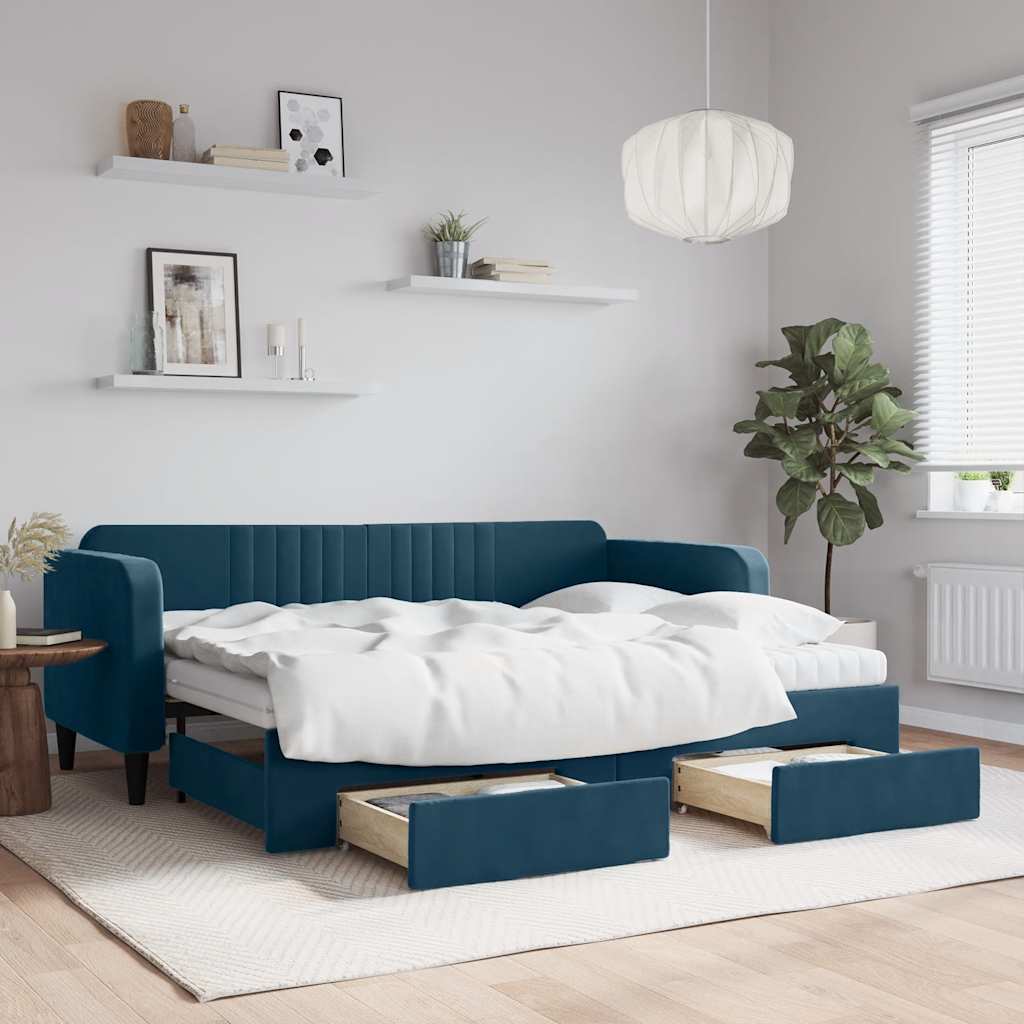 daybed med udtræk og skuffer 80x200 cm stof blå billede