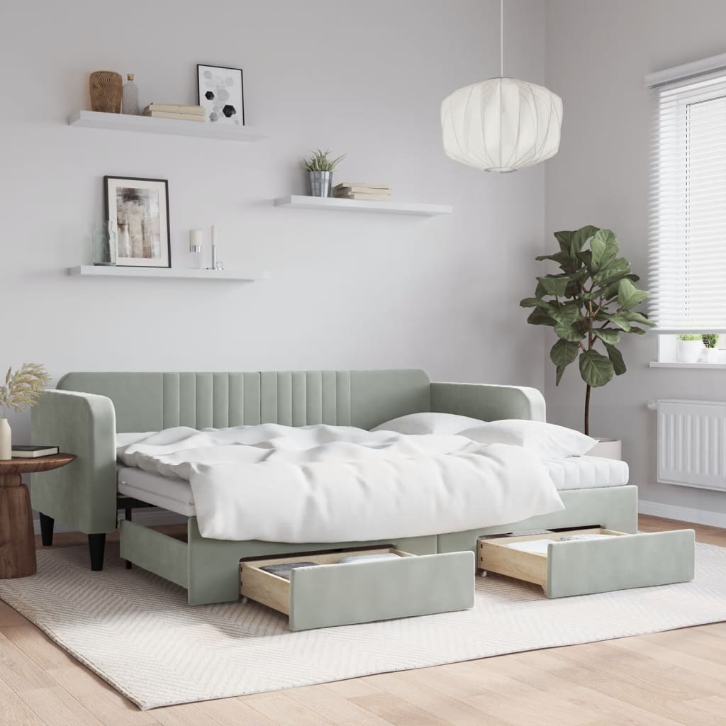 daybed med udtræk og skuffer 80x200 cm velour lysegrå