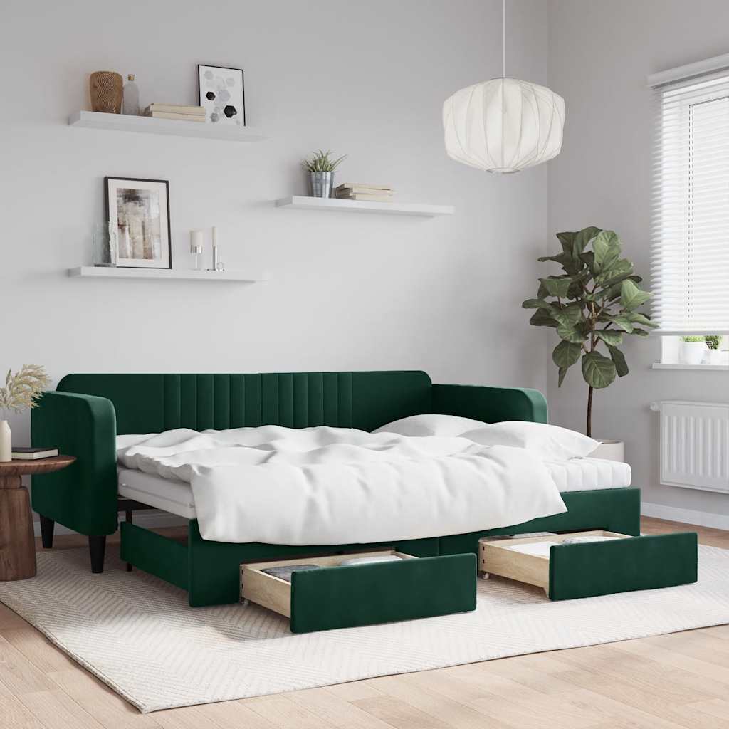 daybed med udtræk og skuffer 80x200 cm velour mørkegrøn billede
